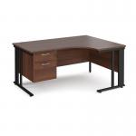 Maestro 25 right hand ergonomic desk 1600mm wide with 2 drawer pedestal - black cable managed leg frame, walnut top MCM16ERP2KW