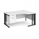 Maestro 25 right hand ergonomic desk 1600mm wide with 2 drawer pedestal - black cable managed leg frame, white top MCM16ERP2KWH