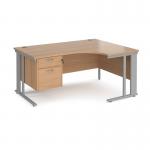 Maestro 25 right hand ergonomic desk 1600mm wide with 2 drawer pedestal - silver cable managed leg frame, beech top MCM16ERP2SB