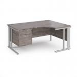 Maestro 25 right hand ergonomic desk 1600mm wide with 2 drawer pedestal - silver cable managed leg frame, grey oak top MCM16ERP2SGO