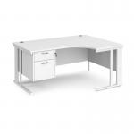 Maestro 25 right hand ergonomic desk 1600mm wide with 2 drawer pedestal - white cable managed leg frame, white top MCM16ERP2WHWH