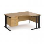 Maestro 25 right hand ergonomic desk 1600mm wide with 3 drawer pedestal - black cable managed leg frame, oak top MCM16ERP3KO