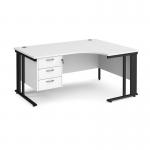 Maestro 25 right hand ergonomic desk 1600mm wide with 3 drawer pedestal - black cable managed leg frame, white top MCM16ERP3KWH
