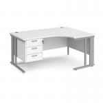 Maestro 25 right hand ergonomic desk 1600mm wide with 3 drawer pedestal - silver cable managed leg frame, white top MCM16ERP3SWH