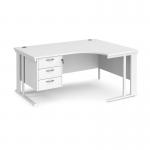 Maestro 25 right hand ergonomic desk 1600mm wide with 3 drawer pedestal - white cable managed leg frame, white top MCM16ERP3WHWH
