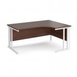 Maestro 25 right hand ergonomic desk 1600mm wide - white cable managed leg frame, walnut top MCM16ERWHW