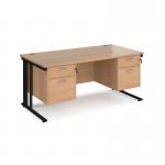 Maestro 25 straight desk 1600mm x 800mm with two x 2 drawer pedestals - black cable managed leg frame, beech top MCM16P22KB