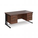 Maestro 25 straight desk 1600mm x 800mm with two x 2 drawer pedestals - black cable managed leg frame, walnut top MCM16P22KW