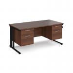 Maestro 25 straight desk 1600mm x 800mm with two x 2 drawer pedestals - black cable managed leg frame, walnut top MCM16P22KW
