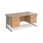 Maestro 25 straight desk 1600mm x 800mm with two x 2 drawer pedestals - silver cable managed leg frame, beech top MCM16P22SB