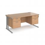 Maestro 25 straight desk 1600mm x 800mm with two x 2 drawer pedestals - silver cable managed leg frame, beech top MCM16P22SB