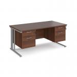 Maestro 25 straight desk 1600mm x 800mm with two x 2 drawer pedestals - silver cable managed leg frame, walnut top MCM16P22SW