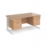 Maestro 25 straight desk 1600mm x 800mm with two x 2 drawer pedestals - white cable managed leg frame, beech top MCM16P22WHB