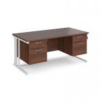 Maestro 25 straight desk 1600mm x 800mm with two x 2 drawer pedestals - white cable managed leg frame, walnut top MCM16P22WHW