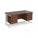 Maestro 25 straight desk 1600mm x 800mm with 2 and 3 drawer pedestals - white cable managed leg frame, walnut top MCM16P23WHW