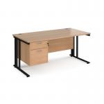 Maestro 25 straight desk 1600mm x 800mm with 2 drawer pedestal - black cable managed leg frame, beech top MCM16P2KB