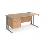 Maestro 25 straight desk 1600mm x 800mm with 2 drawer pedestal - silver cable managed leg frame, beech top MCM16P2SB