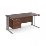 Maestro 25 straight desk 1600mm x 800mm with 2 drawer pedestal - silver cable managed leg frame, walnut top MCM16P2SW