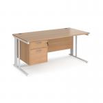 Maestro 25 straight desk 1600mm x 800mm with 2 drawer pedestal - white cable managed leg frame, beech top MCM16P2WHB