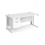 Maestro 25 straight desk 1600mm x 800mm with 2 drawer pedestal - white cable managed leg frame, white top MCM16P2WHWH