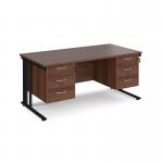 Maestro 25 straight desk 1600mm x 800mm with two x 3 drawer pedestals - black cable managed leg frame, walnut top MCM16P33KW