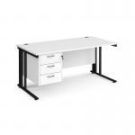 Maestro 25 straight desk 1600mm x 800mm with 3 drawer pedestal - black cable managed leg frame, white top MCM16P3KWH