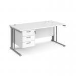 Maestro 25 straight desk 1600mm x 800mm with 3 drawer pedestal - silver cable managed leg frame, white top MCM16P3SWH