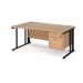 Maestro 25 left hand wave desk 1600mm wide with 2 drawer pedestal - black cable managed leg frame, beech top MCM16WLP2KB