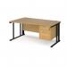 Maestro 25 left hand wave desk 1600mm wide with 2 drawer pedestal - black cable managed leg frame, oak top MCM16WLP2KO