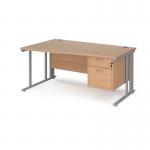 Maestro 25 left hand wave desk 1600mm wide with 2 drawer pedestal - silver cable managed leg frame, beech top MCM16WLP2SB