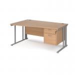 Maestro 25 left hand wave desk 1600mm wide with 2 drawer pedestal - silver cable managed leg frame, beech top MCM16WLP2SB
