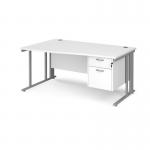 Maestro 25 left hand wave desk 1600mm wide with 2 drawer pedestal - silver cable managed leg frame, white top MCM16WLP2SWH