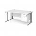 Maestro 25 left hand wave desk 1600mm wide with 2 drawer pedestal - silver cable managed leg frame, white top MCM16WLP2SWH