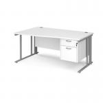 Maestro 25 left hand wave desk 1600mm wide with 2 drawer pedestal - silver cable managed leg frame, white top MCM16WLP2SWH