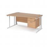Maestro 25 left hand wave desk 1600mm wide with 2 drawer pedestal - white cable managed leg frame, beech top MCM16WLP2WHB