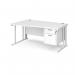 Maestro 25 left hand wave desk 1600mm wide with 2 drawer pedestal - white cable managed leg frame, white top MCM16WLP2WHWH