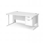 Maestro 25 left hand wave desk 1600mm wide with 2 drawer pedestal - white cable managed leg frame, white top MCM16WLP2WHWH
