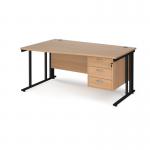 Maestro 25 left hand wave desk 1600mm wide with 3 drawer pedestal - black cable managed leg frame, beech top MCM16WLP3KB