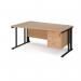 Maestro 25 left hand wave desk 1600mm wide with 3 drawer pedestal - black cable managed leg frame, beech top MCM16WLP3KB