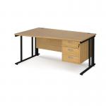 Maestro 25 left hand wave desk 1600mm wide with 3 drawer pedestal - black cable managed leg frame, oak top MCM16WLP3KO