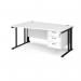 Maestro 25 left hand wave desk 1600mm wide with 3 drawer pedestal - black cable managed leg frame, white top MCM16WLP3KWH