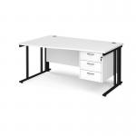 Maestro 25 left hand wave desk 1600mm wide with 3 drawer pedestal - black cable managed leg frame, white top MCM16WLP3KWH