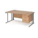 Maestro 25 left hand wave desk 1600mm wide with 3 drawer pedestal - silver cable managed leg frame, beech top MCM16WLP3SB