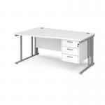Maestro 25 left hand wave desk 1600mm wide with 3 drawer pedestal - silver cable managed leg frame, white top MCM16WLP3SWH