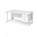 Maestro 25 left hand wave desk 1600mm wide with 3 drawer pedestal - white cable managed leg frame, white top MCM16WLP3WHWH