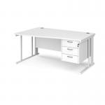 Maestro 25 left hand wave desk 1600mm wide with 3 drawer pedestal - white cable managed leg frame, white top MCM16WLP3WHWH