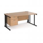 Maestro 25 right hand wave desk 1600mm wide with 2 drawer pedestal - black cable managed leg frame, beech top MCM16WRP2KB