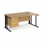 Maestro 25 right hand wave desk 1600mm wide with 2 drawer pedestal - black cable managed leg frame, oak top MCM16WRP2KO