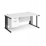 Maestro 25 right hand wave desk 1600mm wide with 2 drawer pedestal - black cable managed leg frame, white top MCM16WRP2KWH