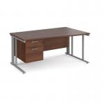 Maestro 25 right hand wave desk 1600mm wide with 2 drawer pedestal - silver cable managed leg frame, walnut top MCM16WRP2SW